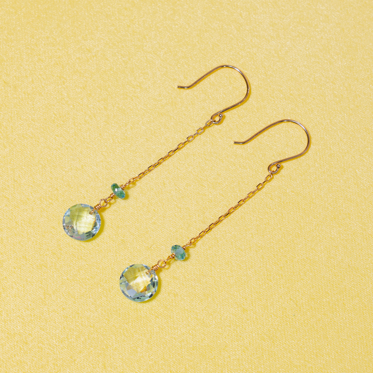 14k Gemstone Coin on Chain Fish Hook Swiss & Sky Blue Topaz