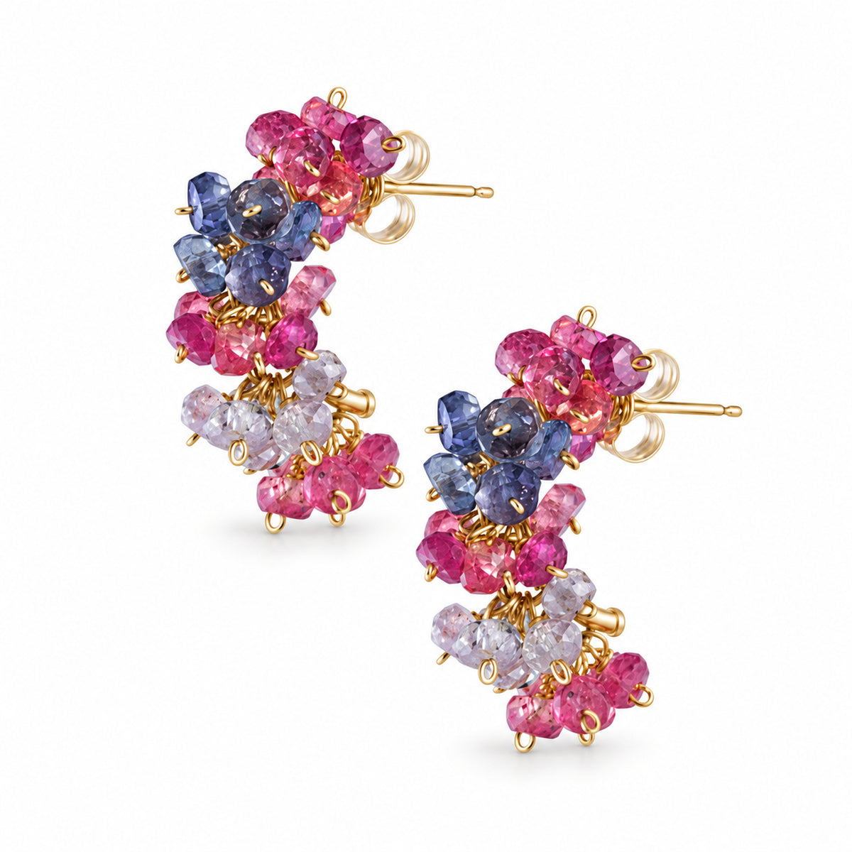 14k Yellow & Orange Sapphire or Multi Sapphire & Zircon Cluster Half Hoop Earring
