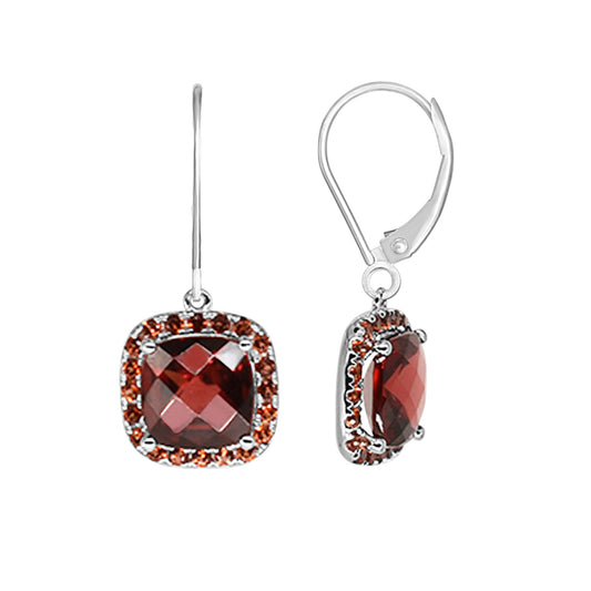 14k White Gold Garnet Cushion Leverback Drop Earring