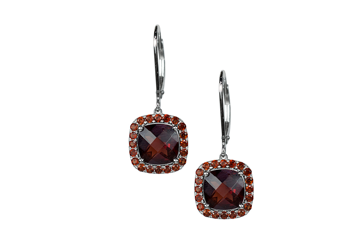 14k White Gold Garnet Cushion Leverback Drop Earring