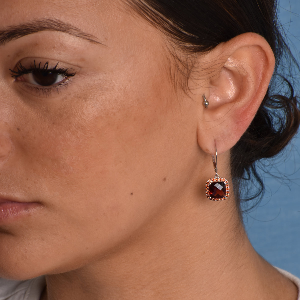14k White Gold Garnet Cushion Leverback Drop Earring