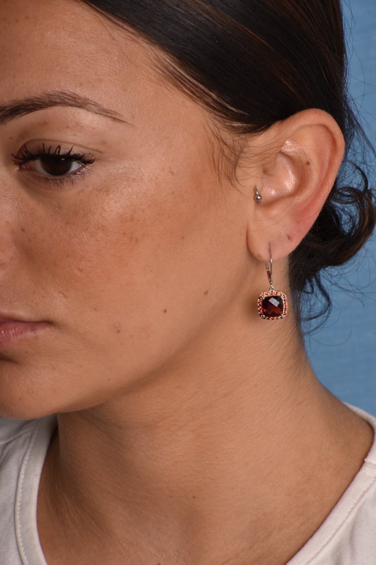 14k White Gold Garnet Cushion Leverback Drop Earring