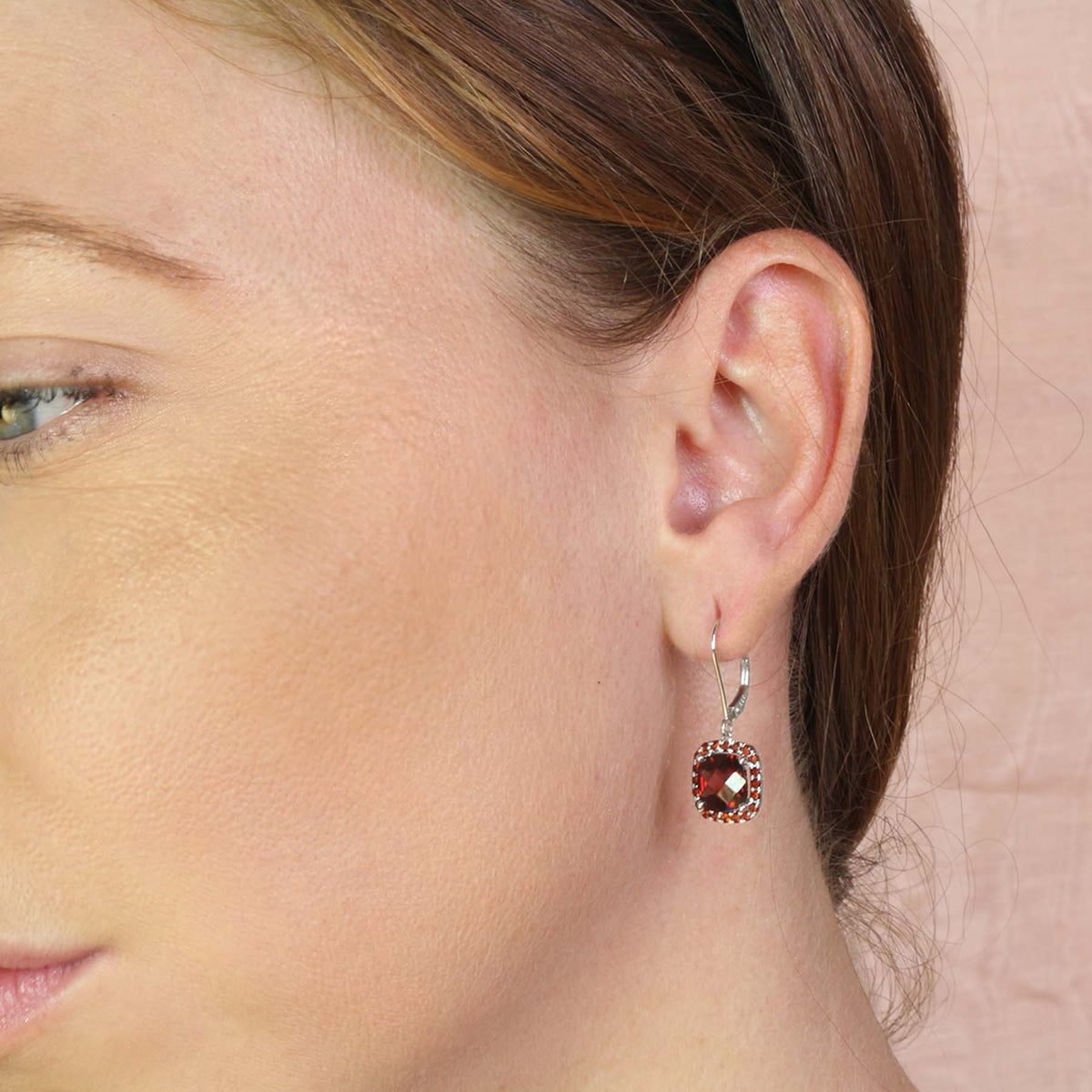14k White Gold Garnet Cushion Leverback Drop Earring