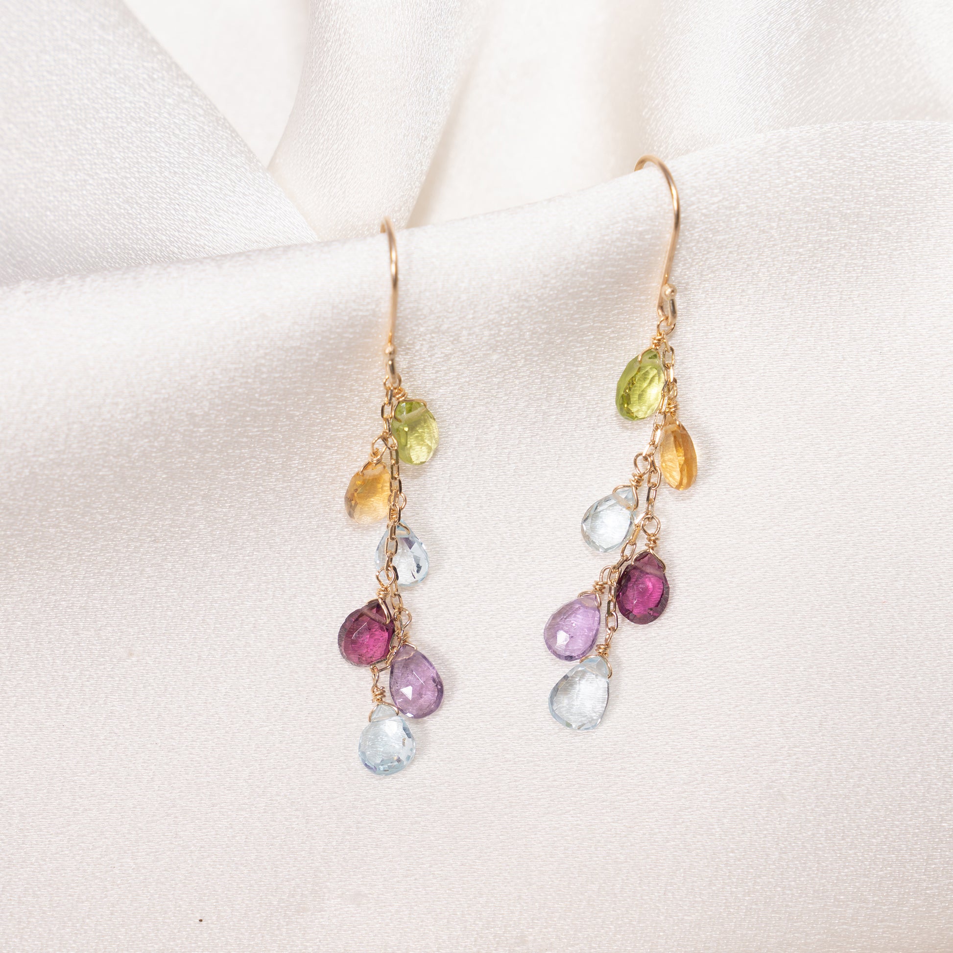 14k Peridot, Citrine, Blue Topaz, Garnet, and Amethyst Hook Dangle Earring