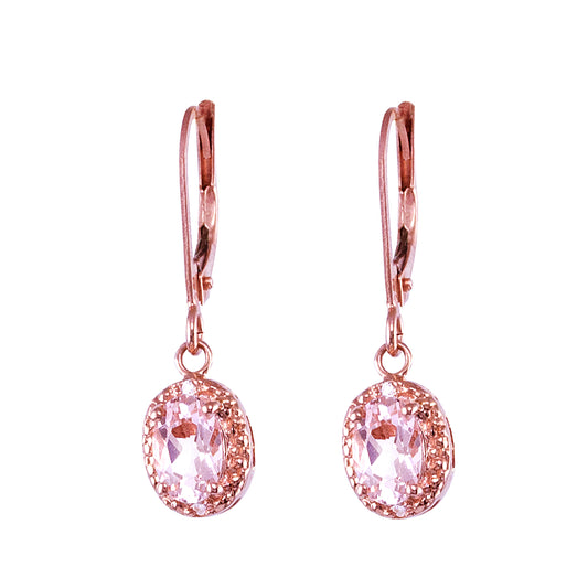 14k Rose Morganite Diamond Oval Dangle Lever Back Earring