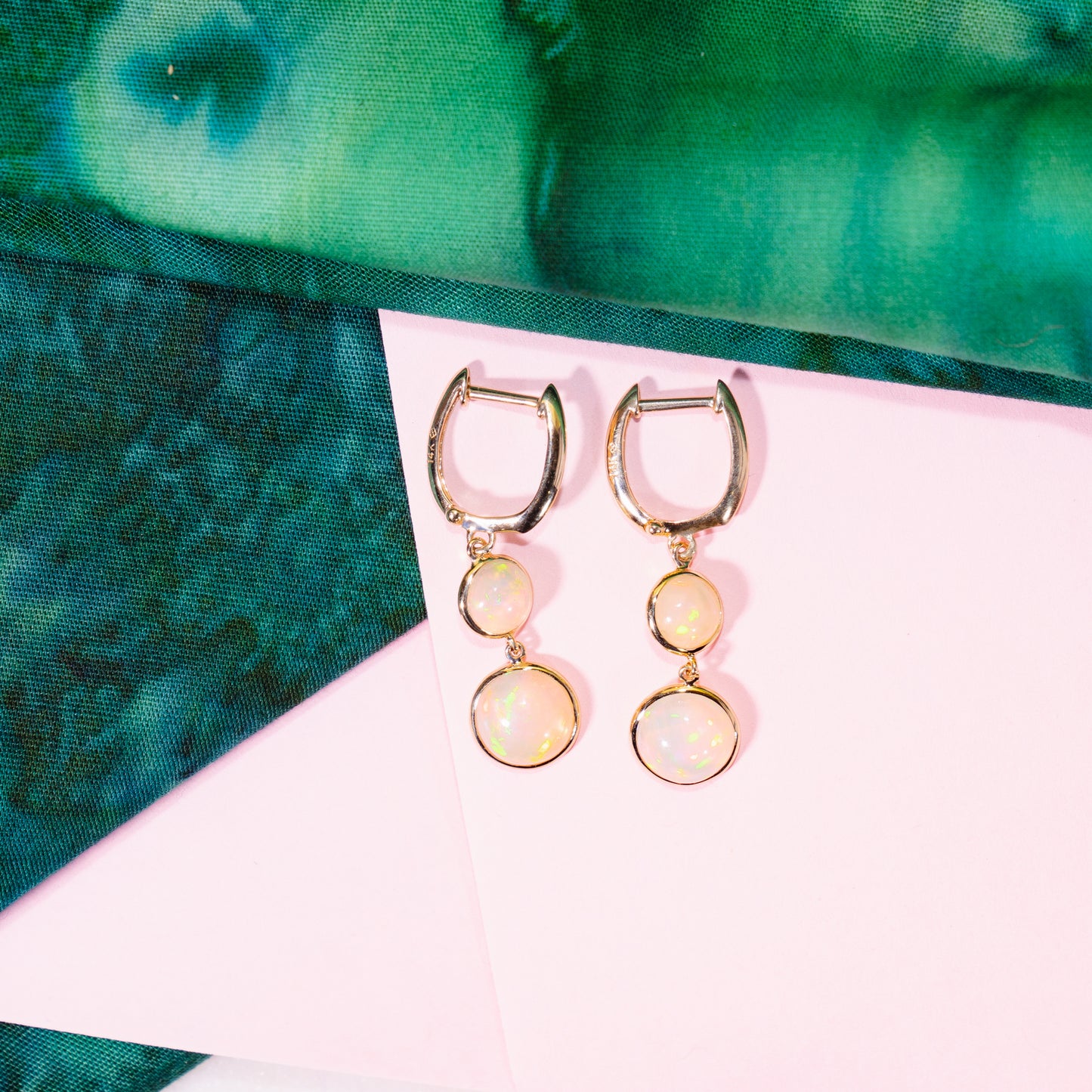 14k Opal Double Round Bezel Huggie Hoop Earrings