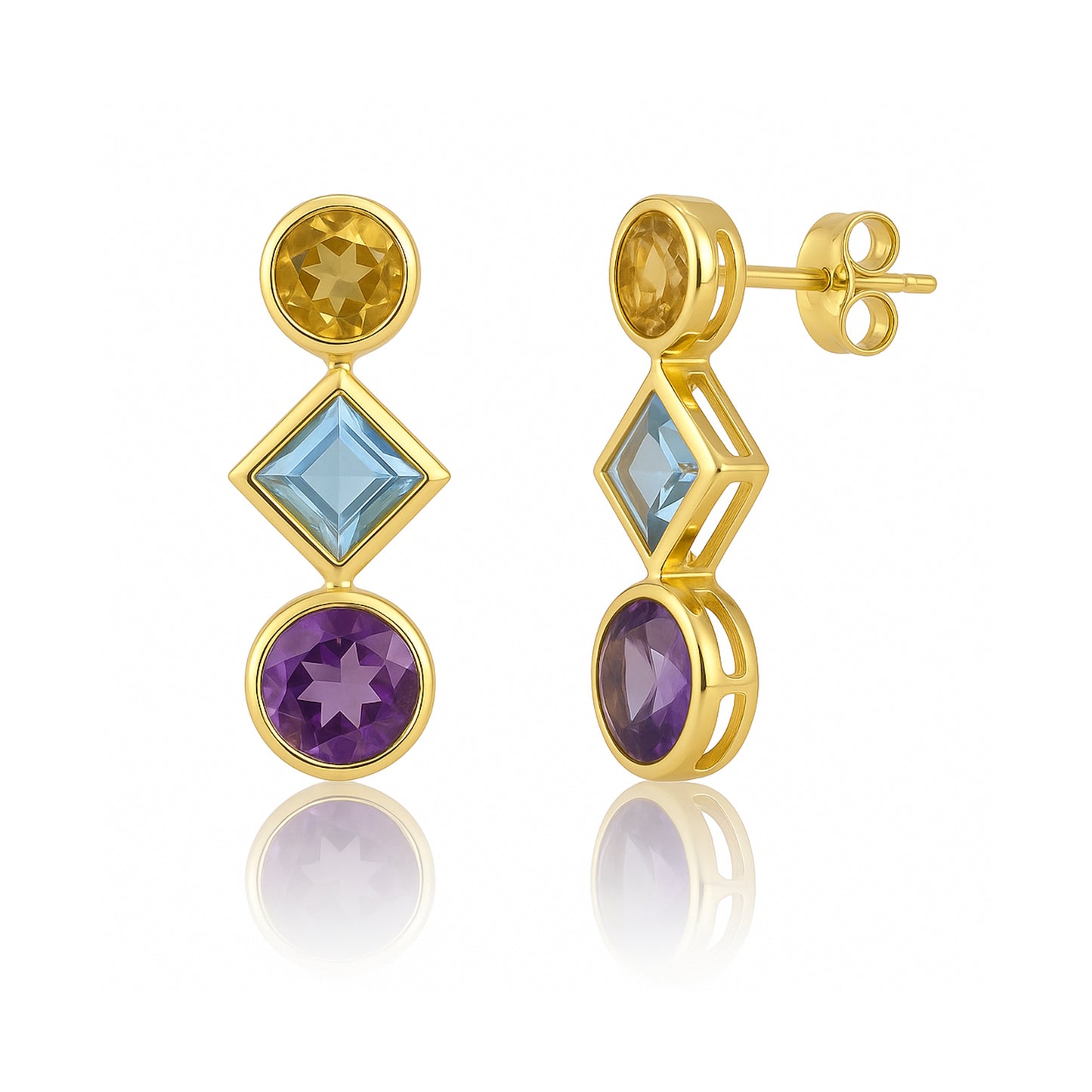 14k Citrine, Blue Topaz, and Amethyst Post Earring