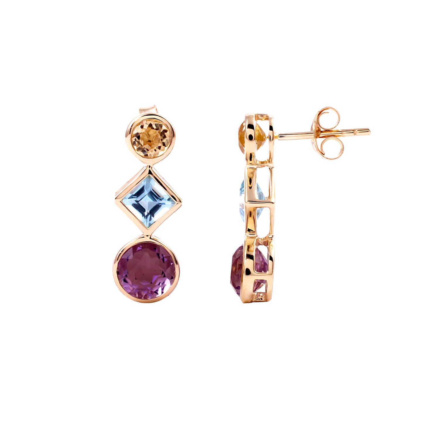 14k Citrine, Blue Topaz, and Amethyst Post Earring