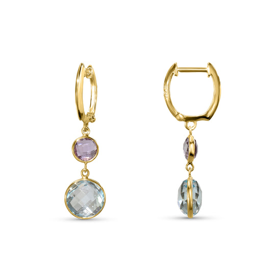 14k Amethyst Blue Topaz Round Bezel Hoop Earring