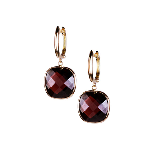 14k Garnet Cushion Bezel Huggie Hoop Earring