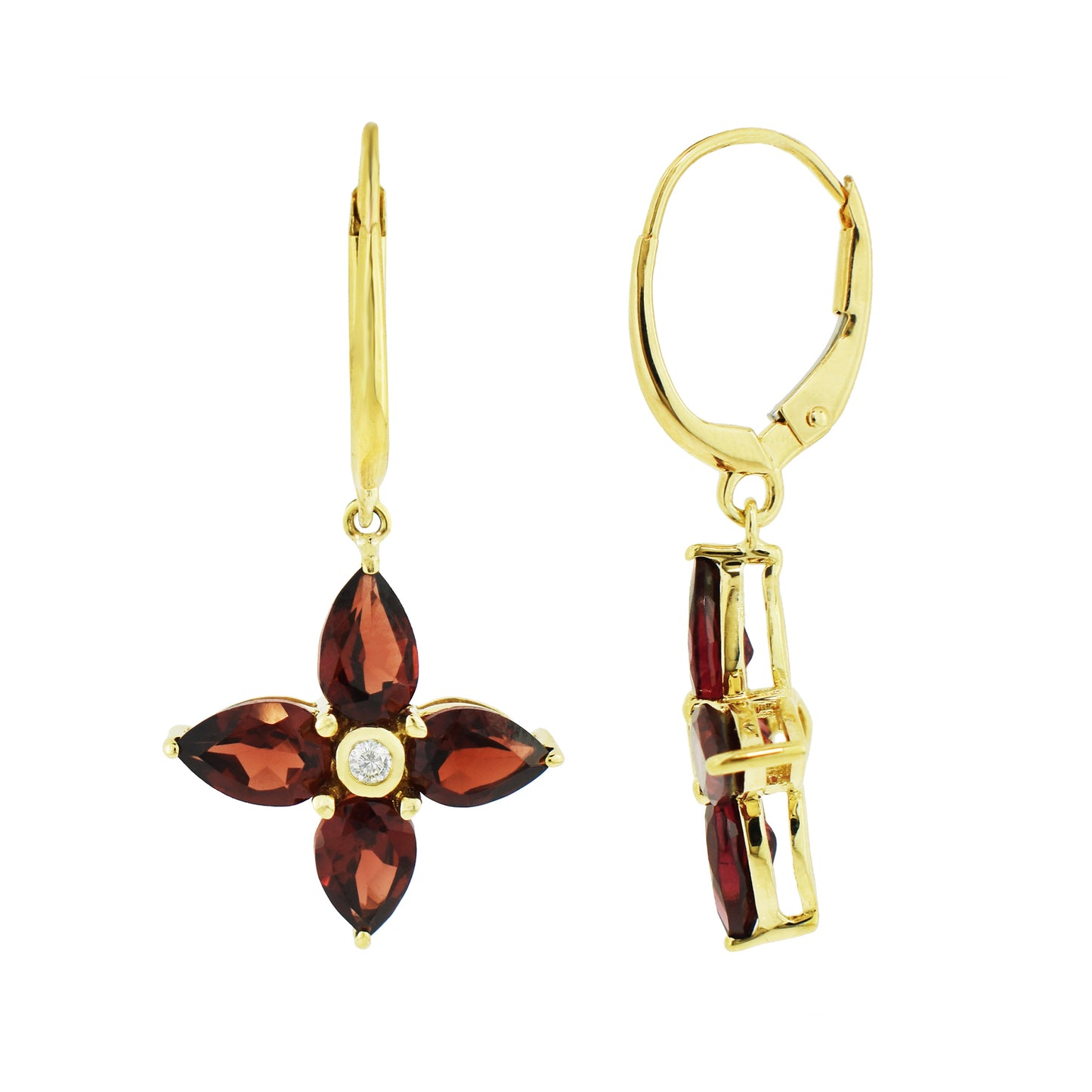14k Rhodolite Garnet Diamond Flower Leverback Earring