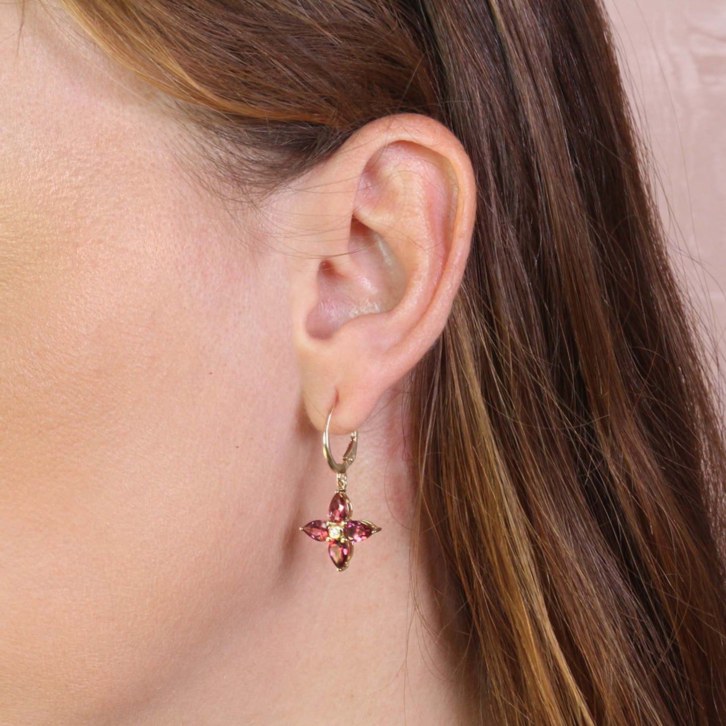 14k Rhodolite Garnet Diamond Flower Leverback Earring