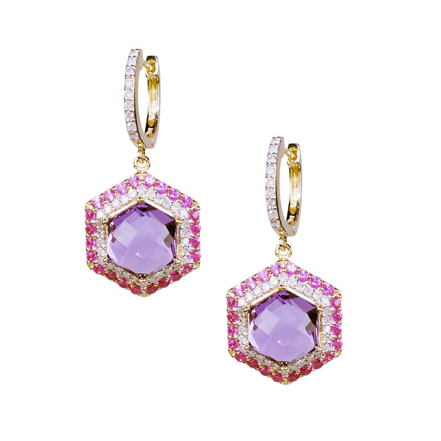 14k Amethyst Pink Sapphire Diamond Hexagon Huggie Hoop Earrings