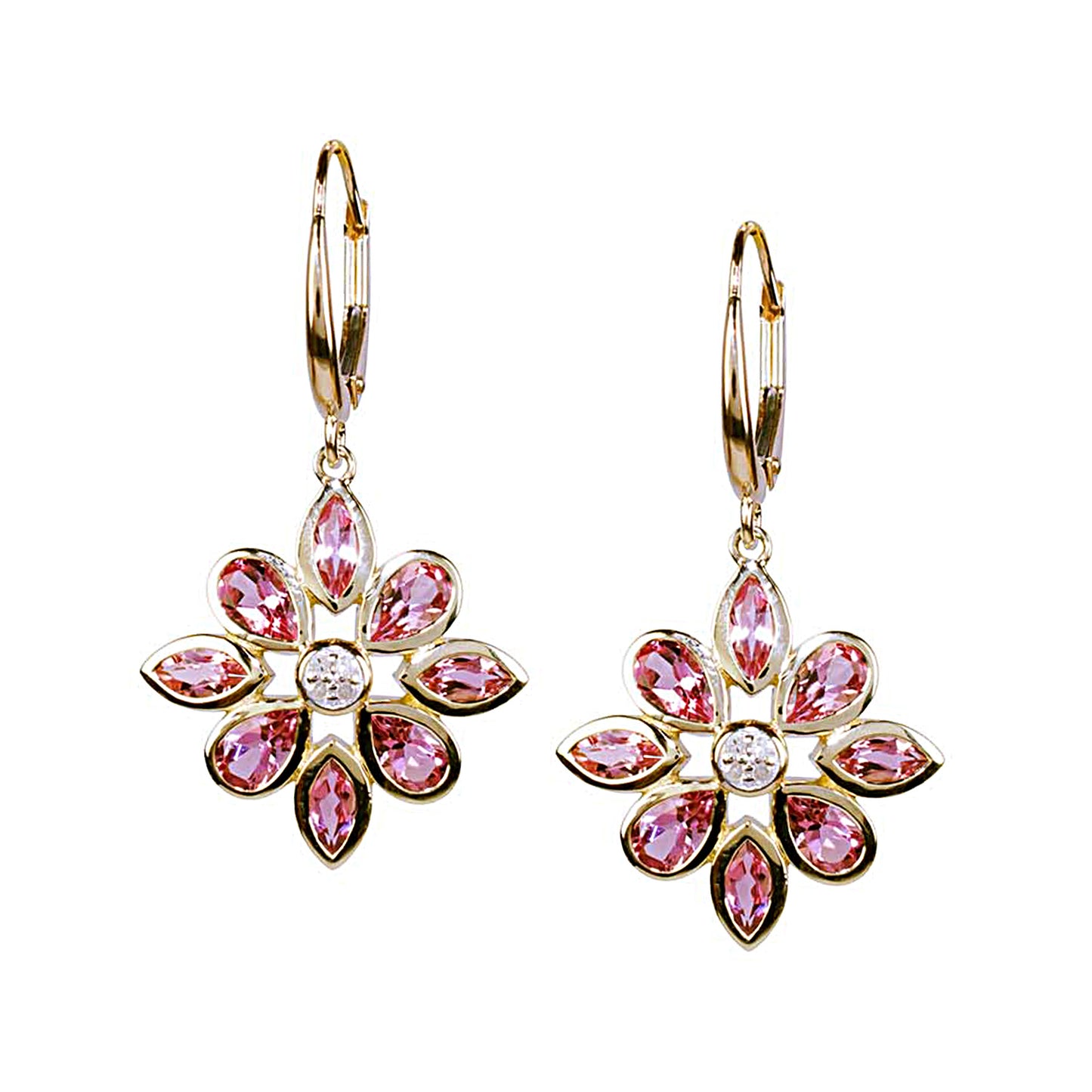 14k Pink Tourmaline Diamond Flower Leverback Earring