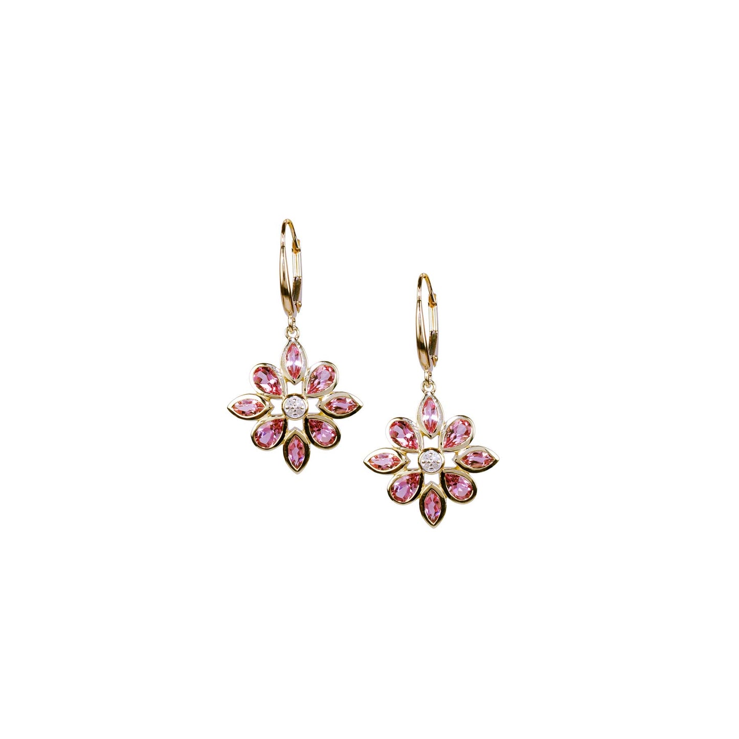 14k Pink Tourmaline Diamond Flower Leverback Earring