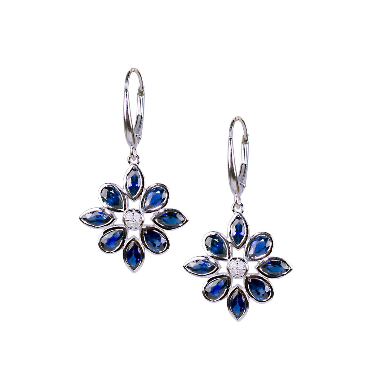14k White Gold Blue Sapphire Diamond Flower Leverback Earrings