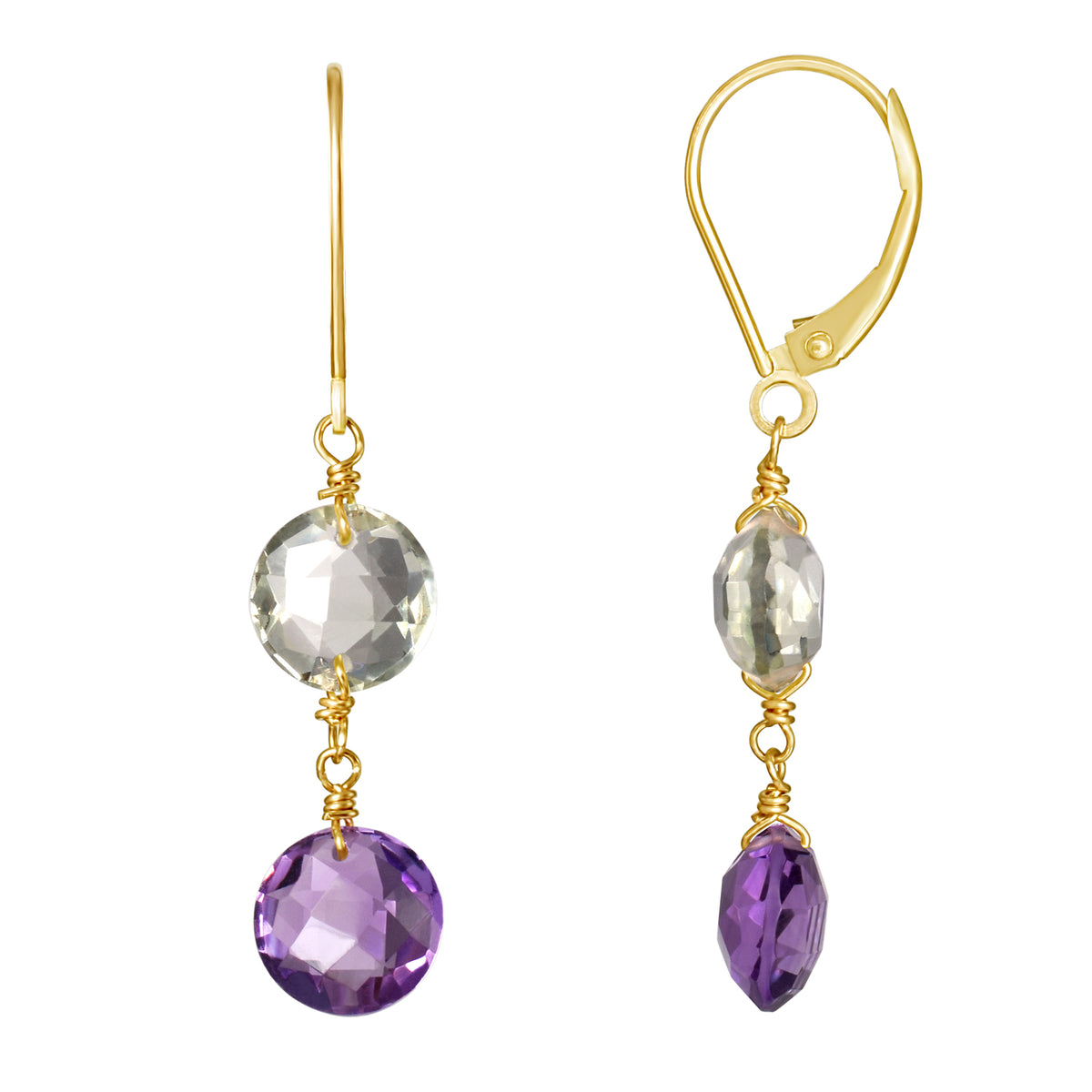 14k Two Gemstone Coin Leverback Earring Green & Purple Amethyst