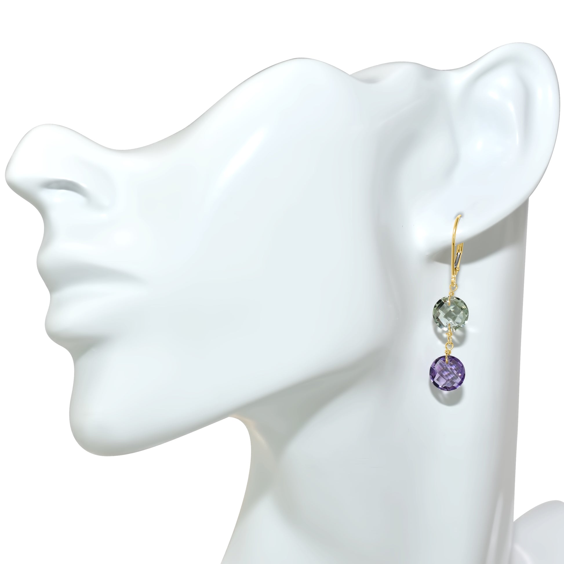14k Two Gemstone Coin Leverback Earring Green & Purple Amethyst