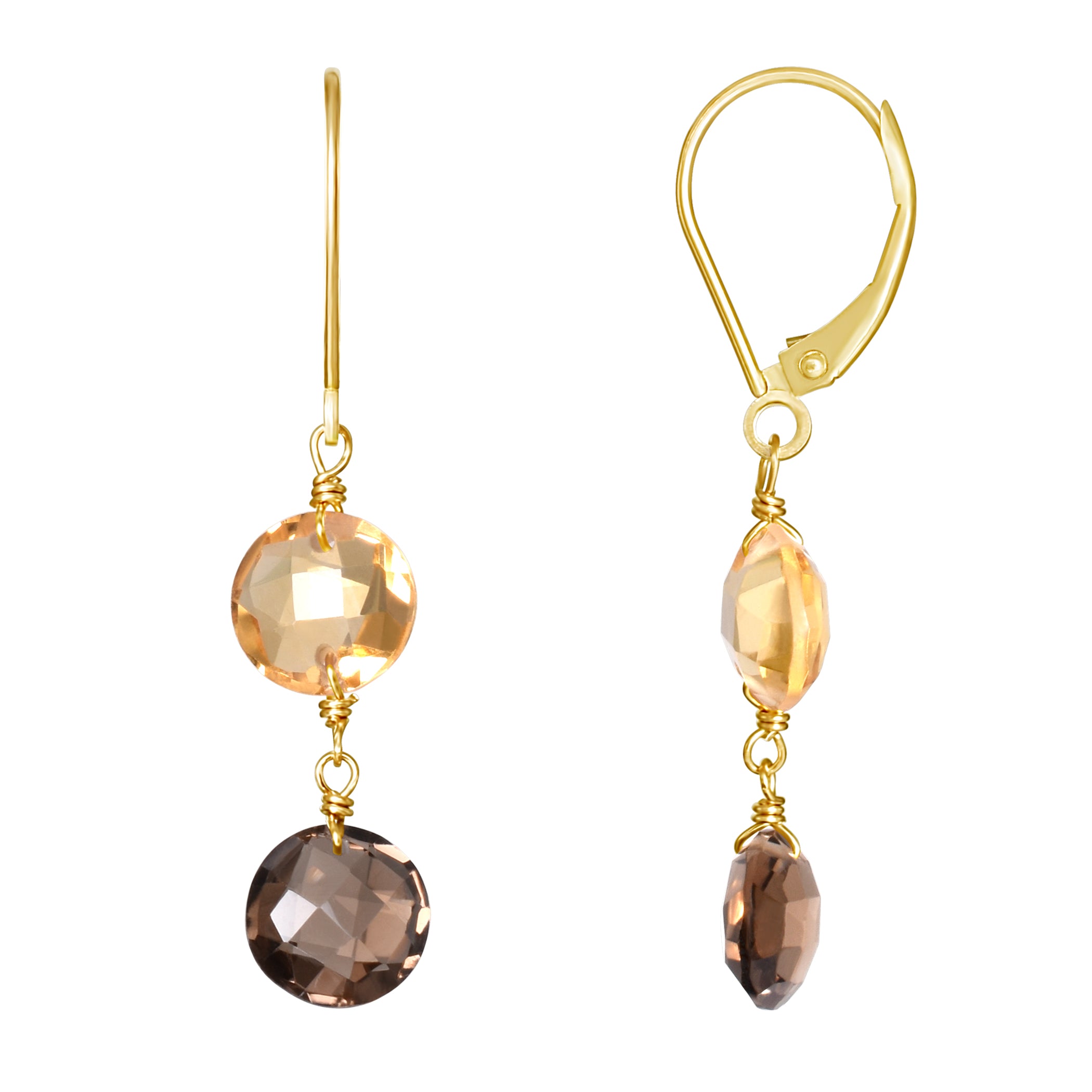 14k Two Gemstone Coin Leverback Earring Citrine & Smoky Quartz
