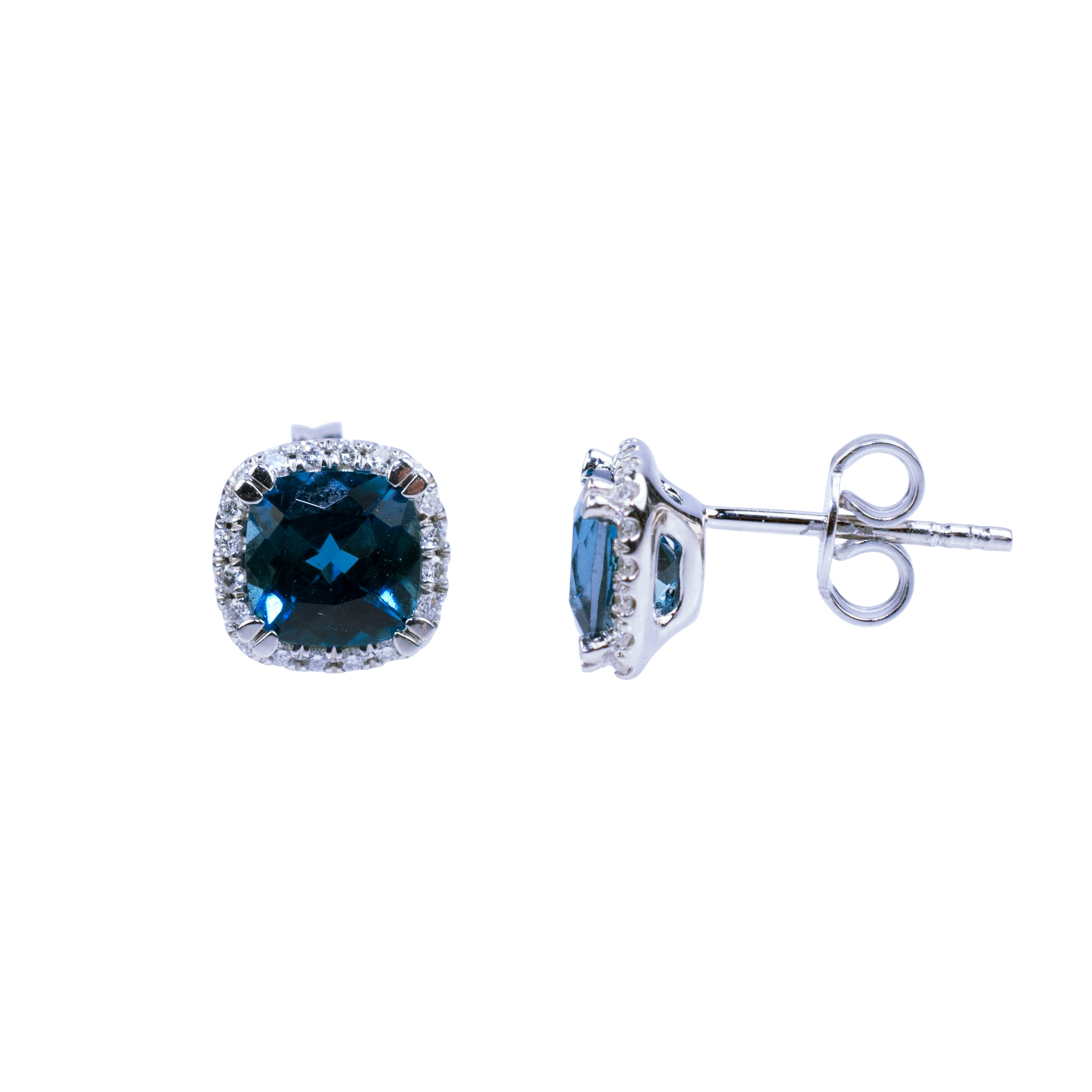 14k White Gold London Blue Topaz Cushion Vs Diamond Post Earring