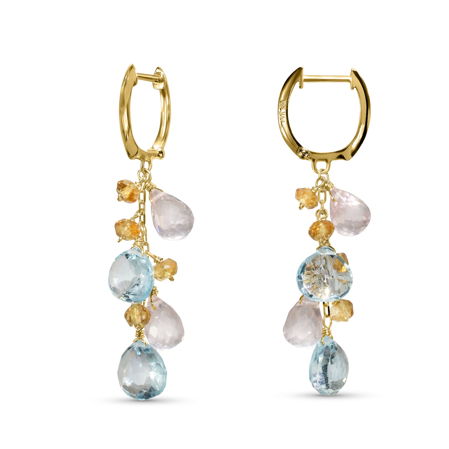 14k Multi Gemstone Blue Topaz, Rose Quartz, Citrine, Briolette Earring