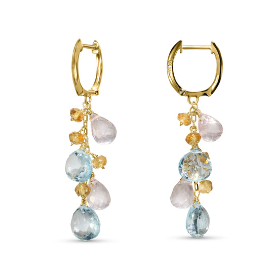 14k Multi Gemstone Blue Topaz, Rose Quartz, Citrine, Briolette Earring