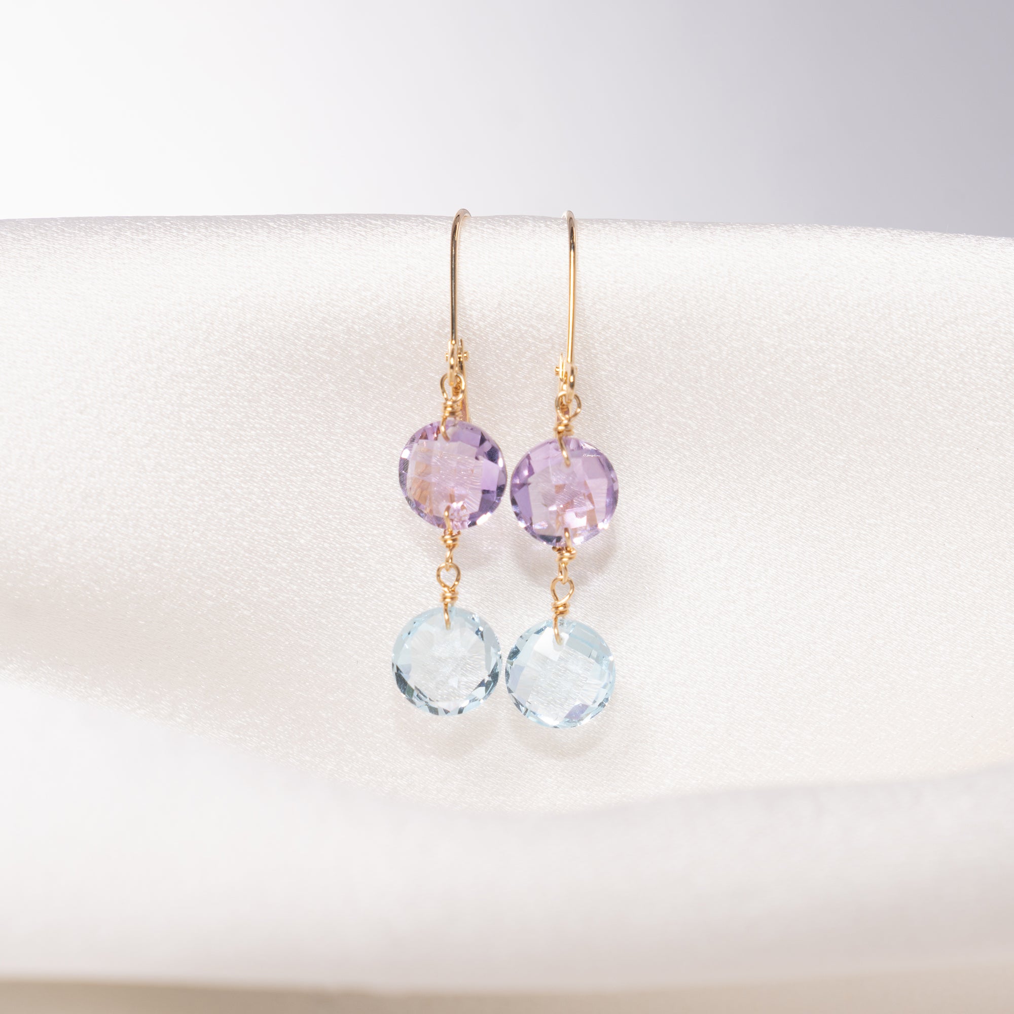 14k Two Gemstone Coin Leverback Earring Amethyst & Sky Blue Topaz