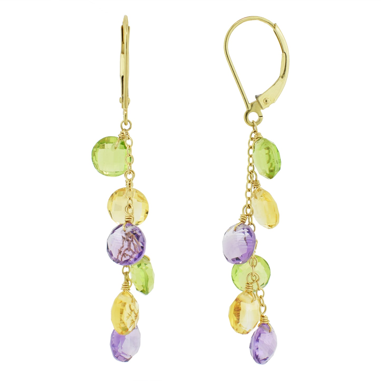 14k Peridot, Citrine, and Amethyst Coin Shape Leverback Drop Earring