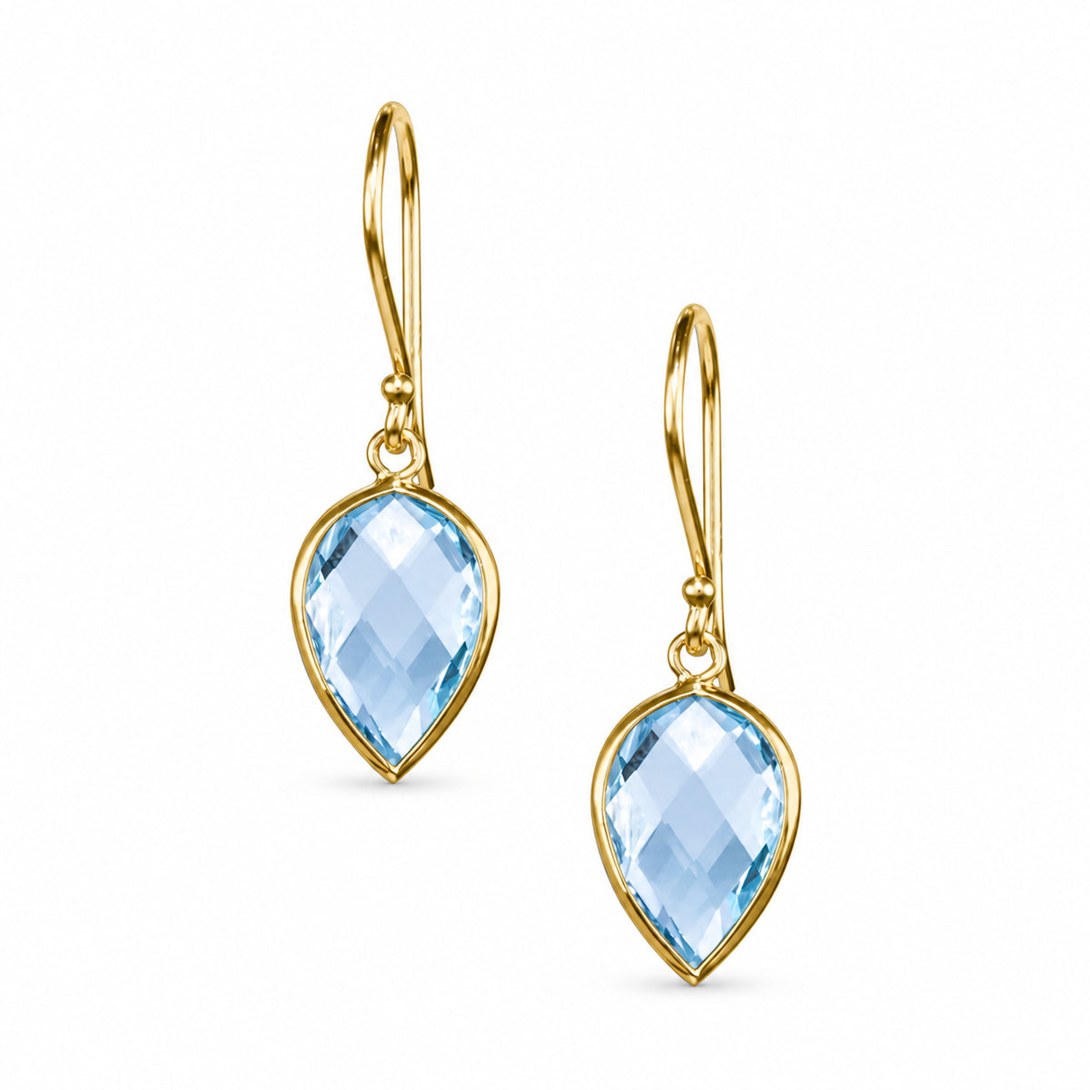14k Blue Topaz Pear Bezel Shepherd Hook Earring