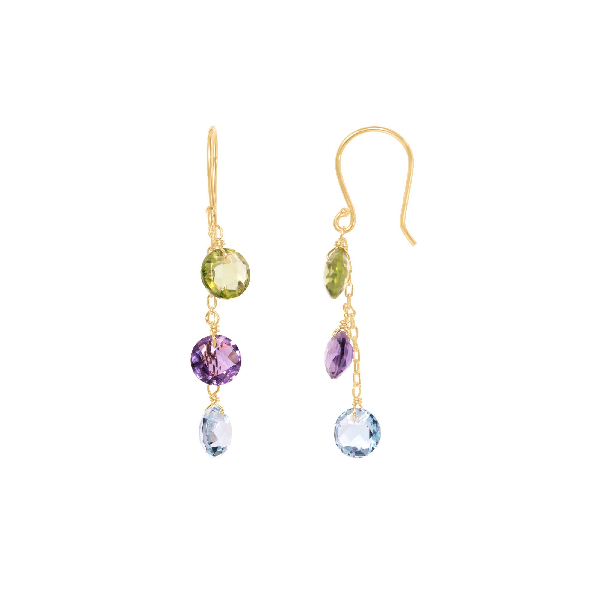 14k Peridot, Amethyst, Blue Topaz Triple Coin Hook Earrings