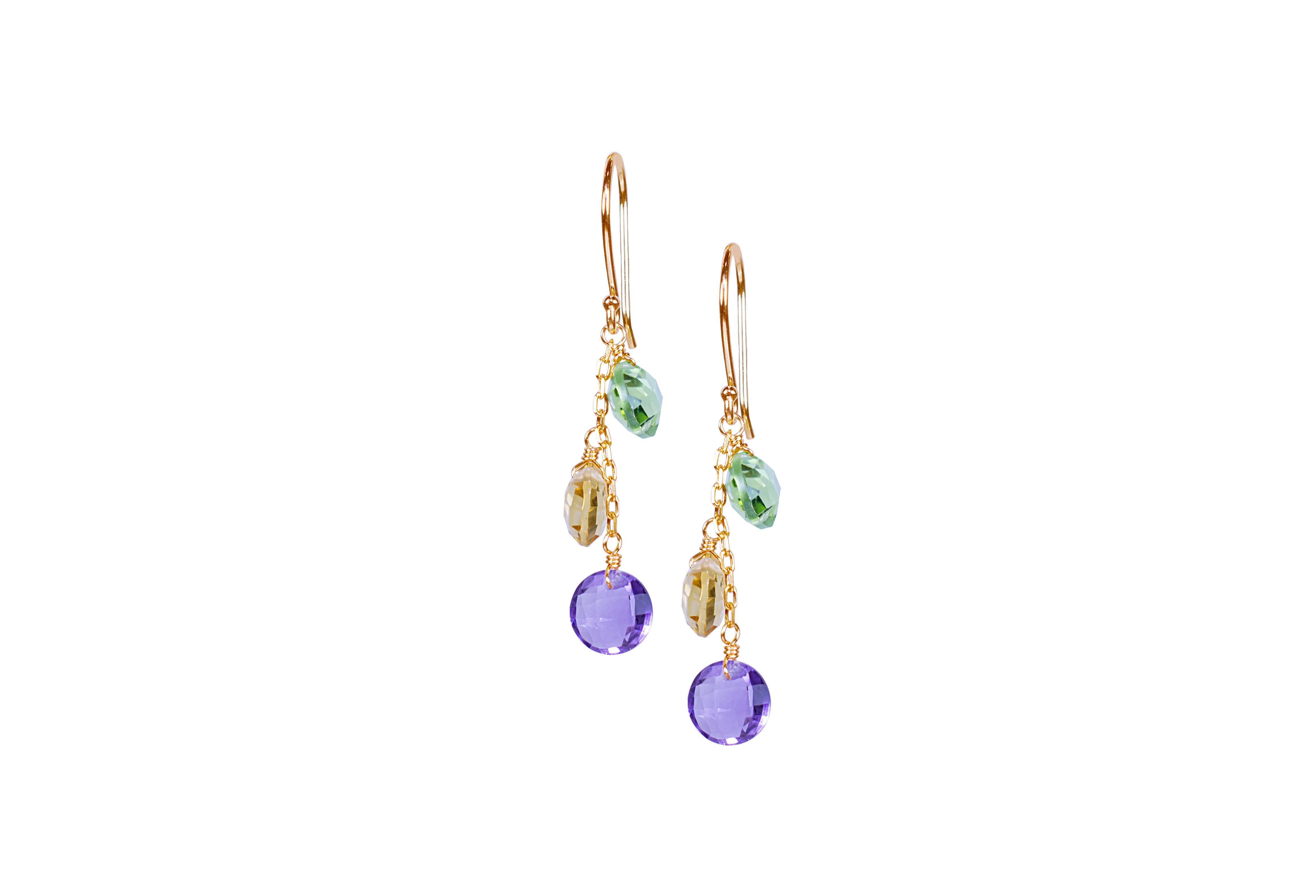 14k Peridot, Citrine, and Amethyst Triple Coin Hook Earring