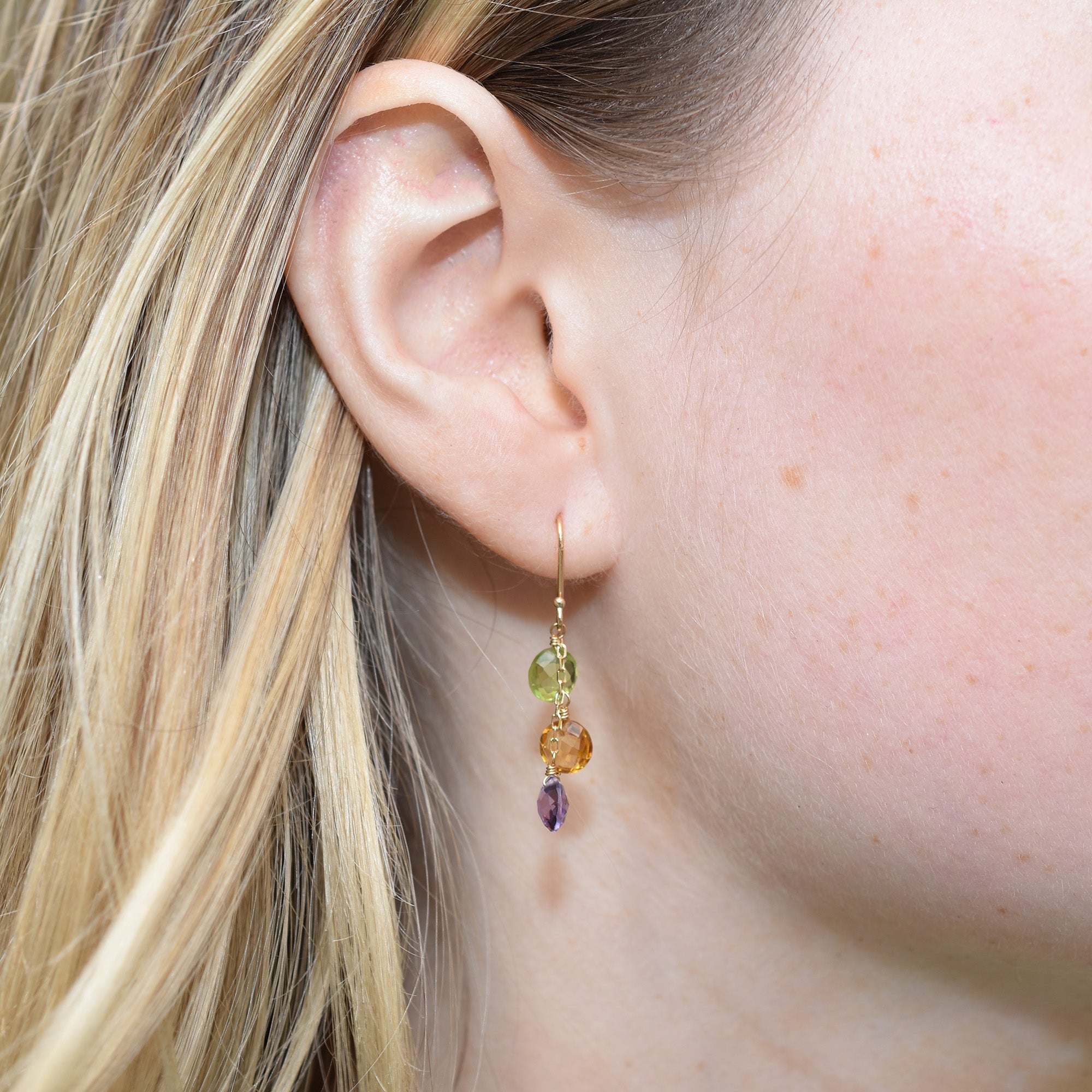 14k Peridot, Citrine, and Amethyst Triple Coin Hook Earring