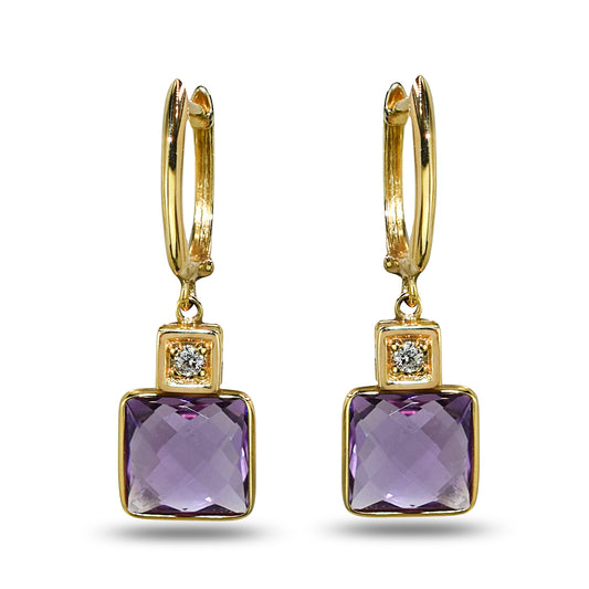 14k Amethyst Square Bezel Vs Diamond Huggie Hoop Earring