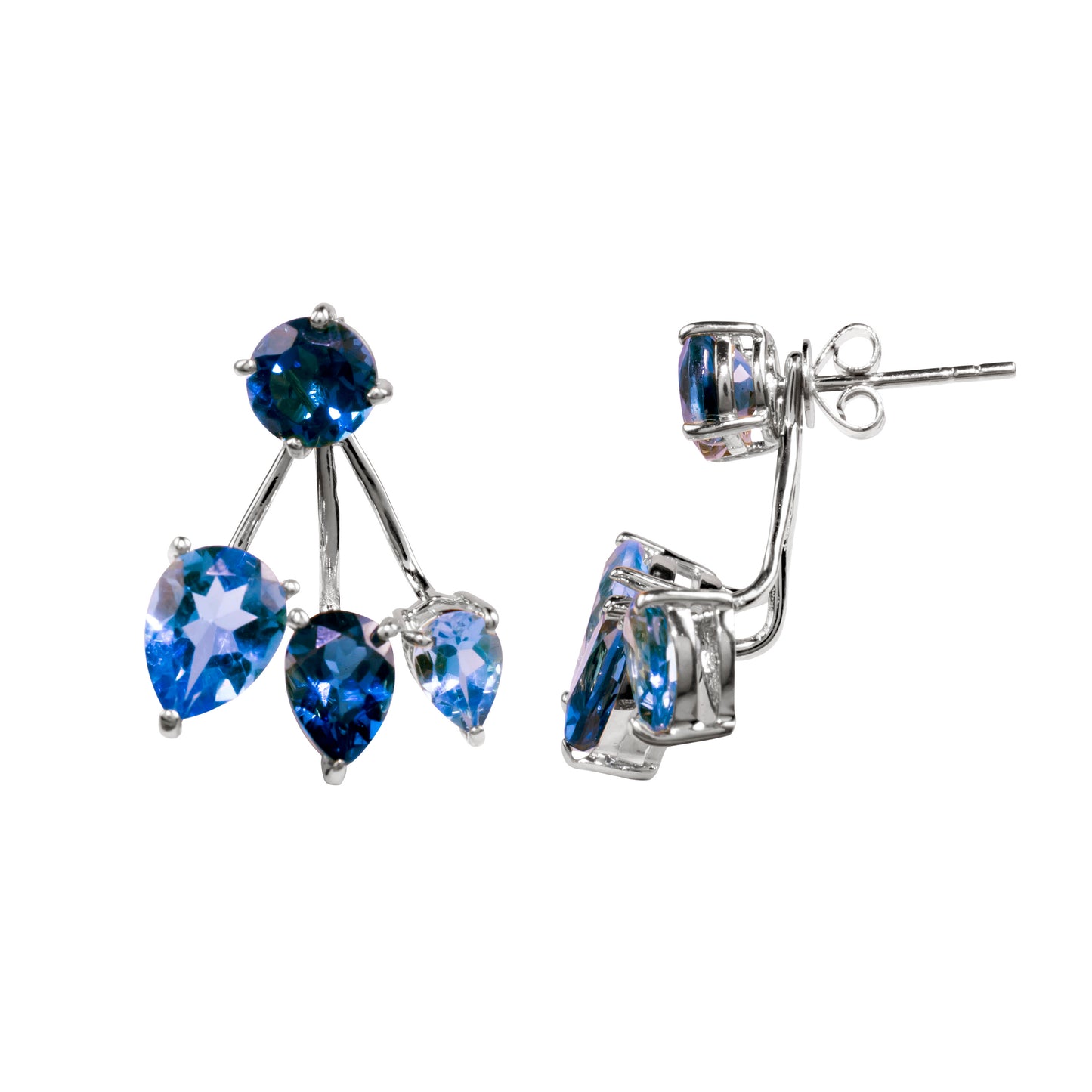 14k White Gold London/Swiss Blue Topaz Front Back Earring Jackets