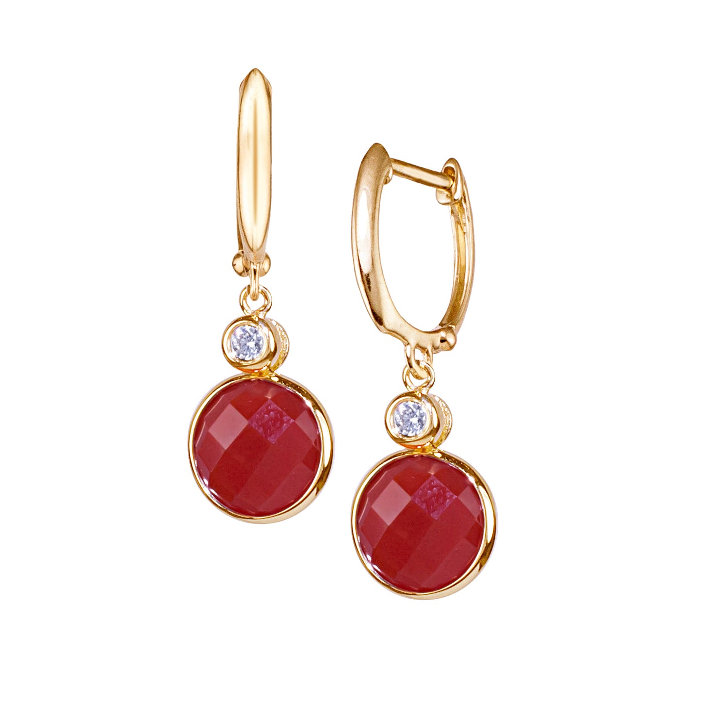 14k Carnelian Coin Vs Diamond Roundel Huggie Hoop Drop Earring