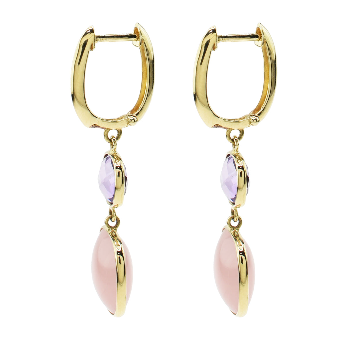 14k Amethyst & Guava Quartz Bezel Dangle Earrings Huggie Hoop