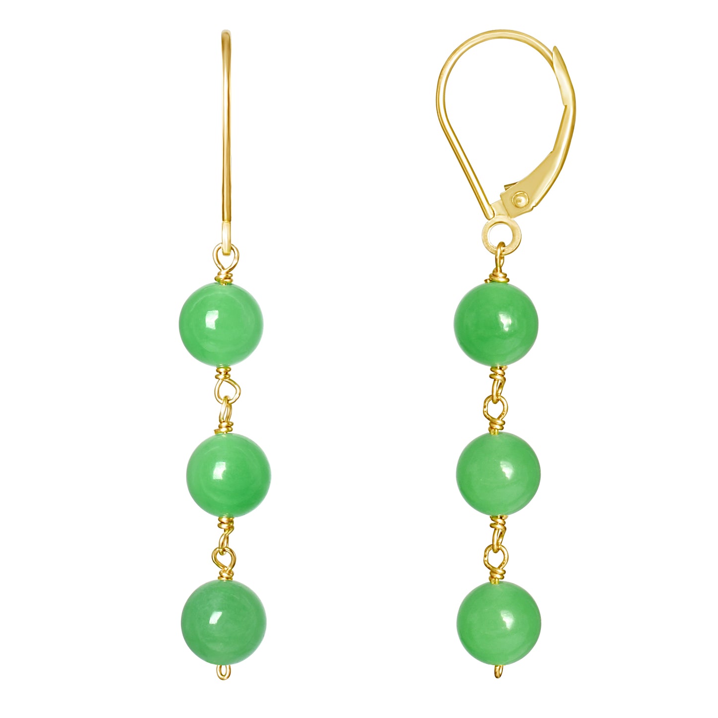 14k Green Jade Three Bead Link Leverback Earring