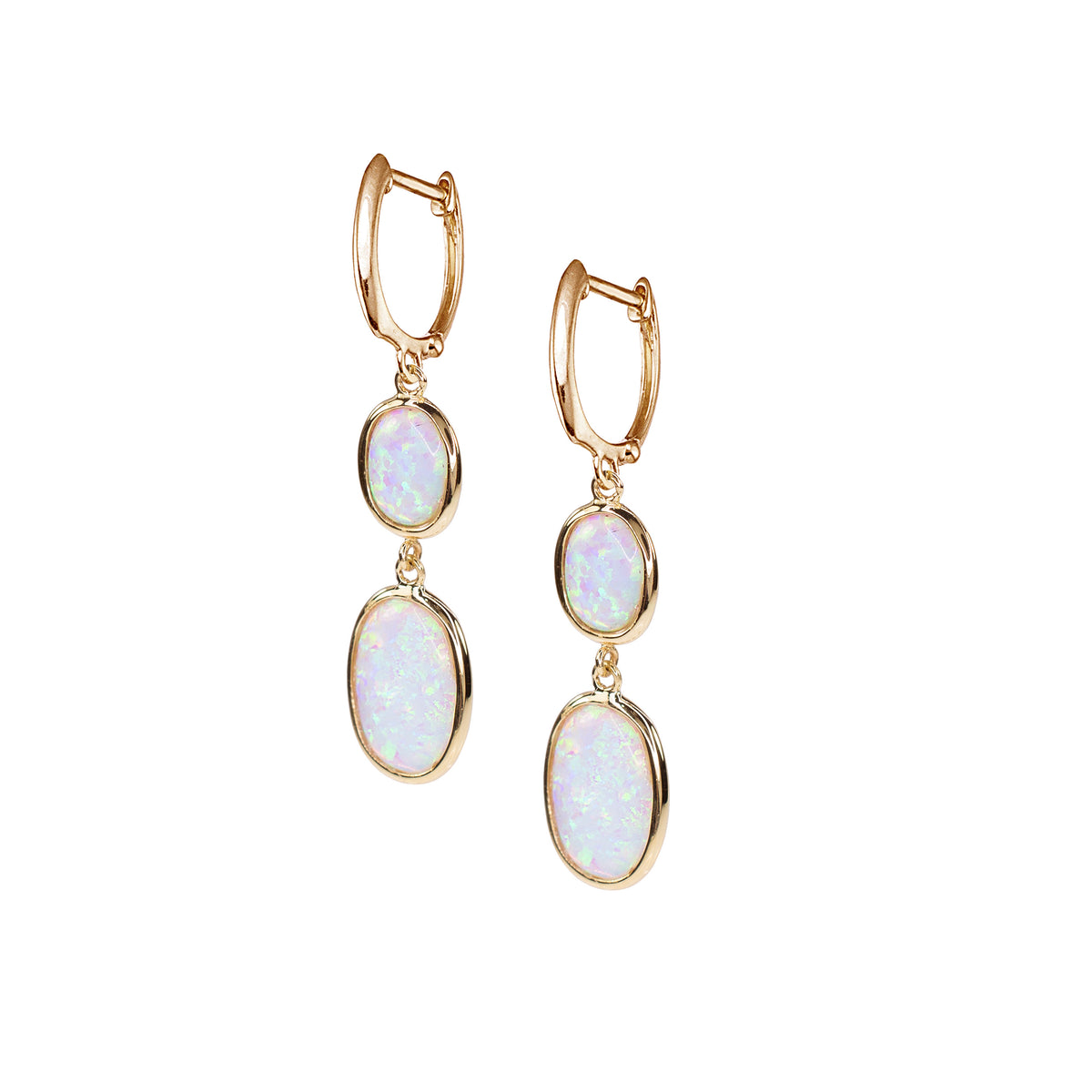 14k Lab Created Opal Blue or White Dual Oval Bezel Hoop Earring