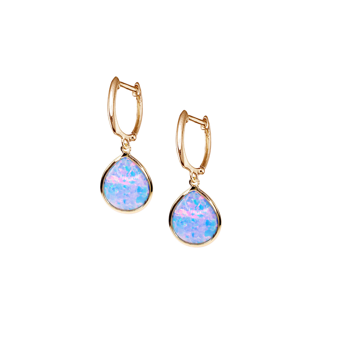 14k Lab Grown Opal Blue or White Pear Bezel Hoop Earring