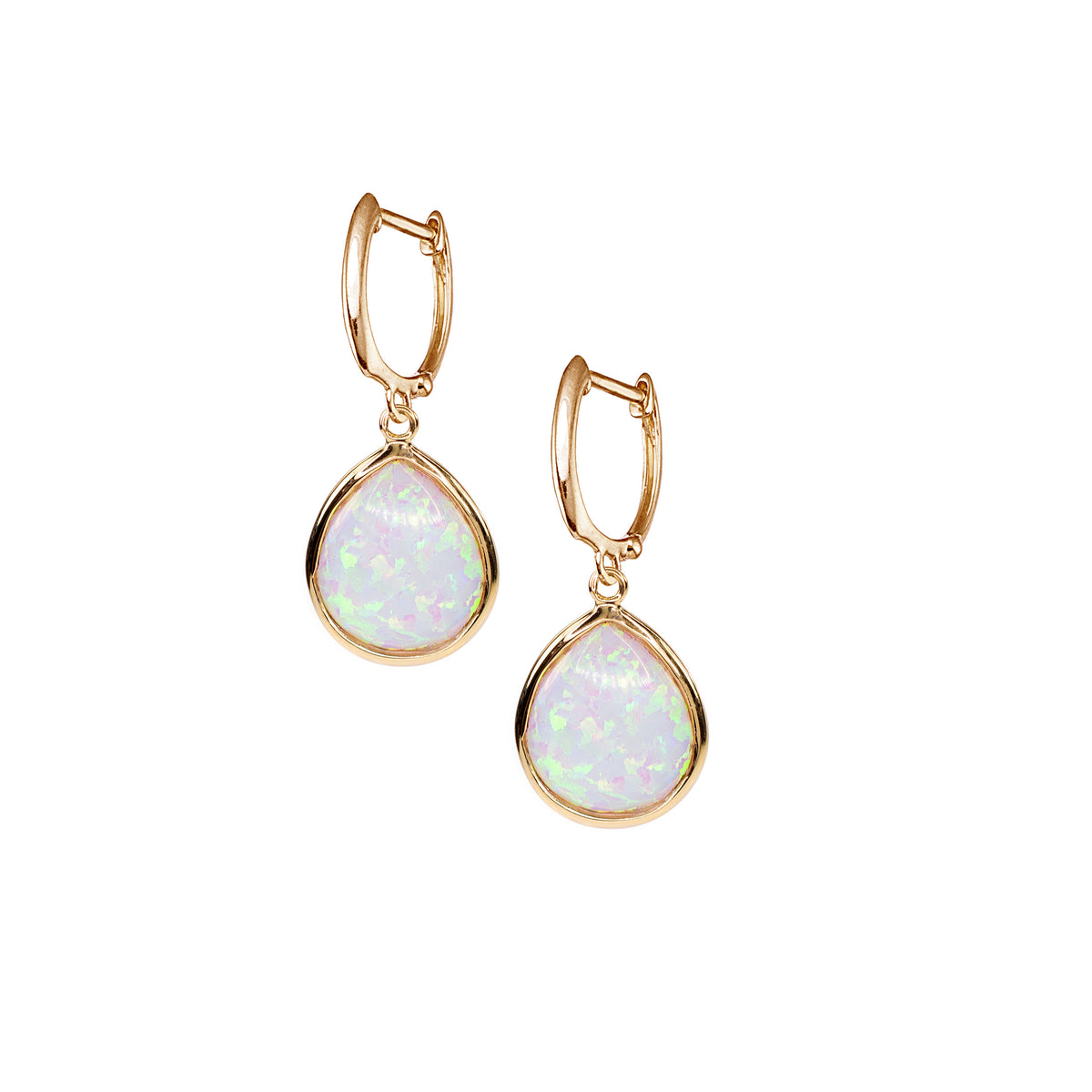14k Lab Grown Opal Blue or White Pear Bezel Earring