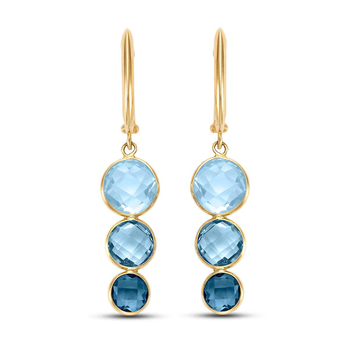 14k Multi Blue Topaz Triple Round Bezel Huggie Hoop Drop Earring