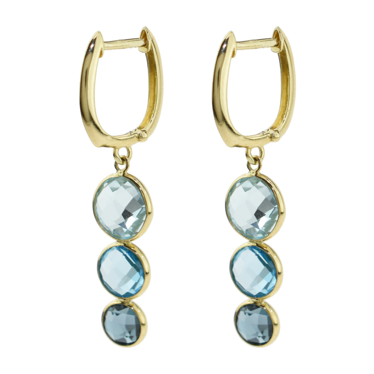 14k Multi Blue Topaz Triple Round Bezel Huggie Hoop Drop Earring