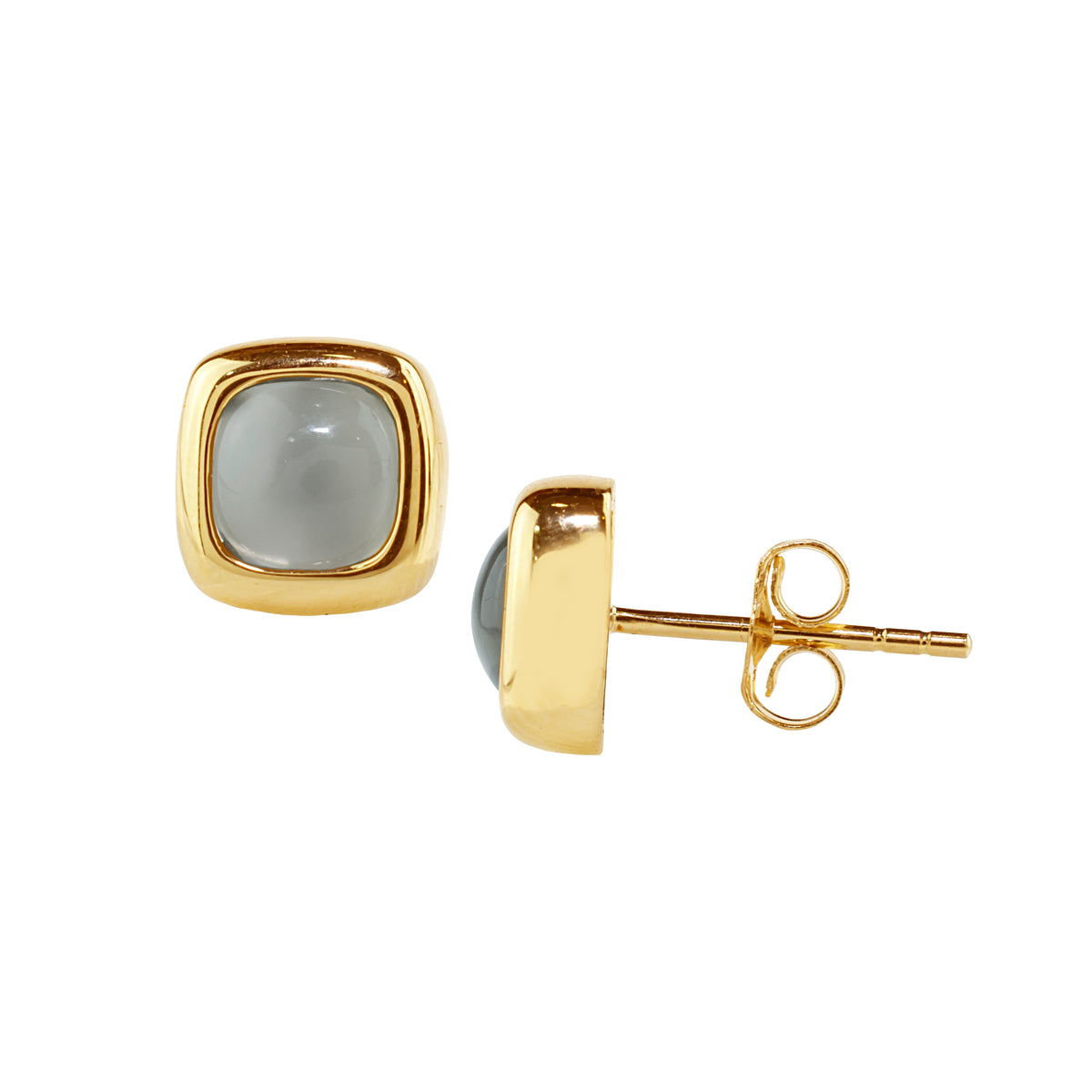 14k Grey Moonstone Cushion Bezel Stud Earring