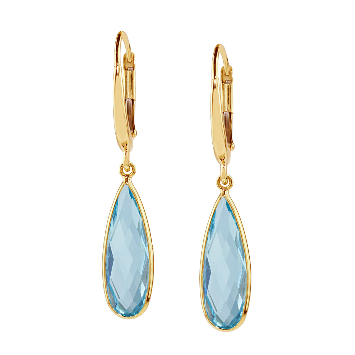 14k Blue Topaz Pear Drop Bezel Leverback Earring