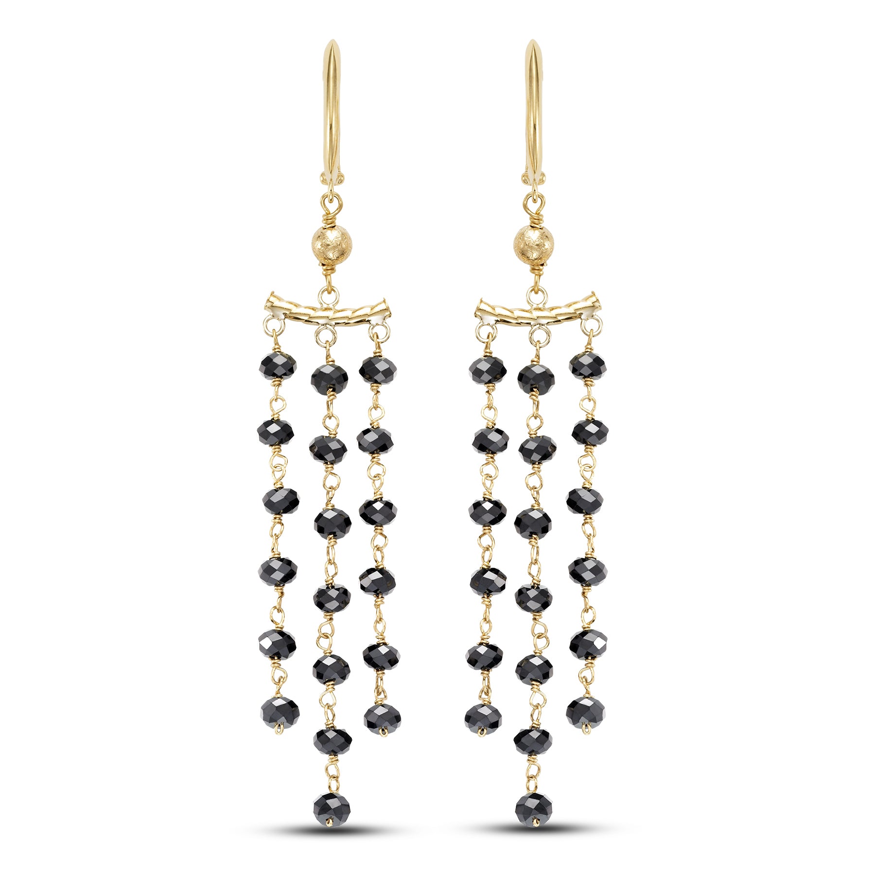 14k Gemstone Roundel 3 Row Link Chandelier Huggie Hoop Earring Black Spinel