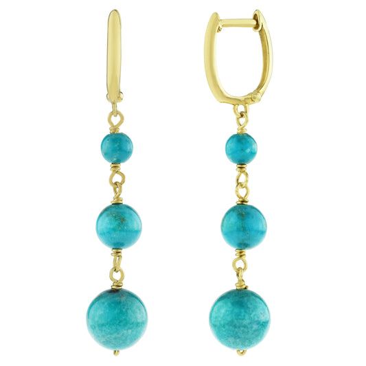 14k Stabilized Turquoise Graduated Ball 3 Link Hoop Earring