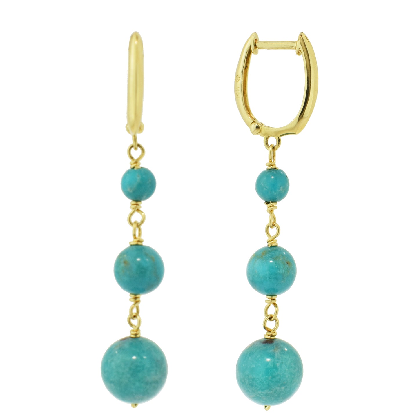 14k Stabilized Turquoise Graduated Ball 3 Link Hoop Earring