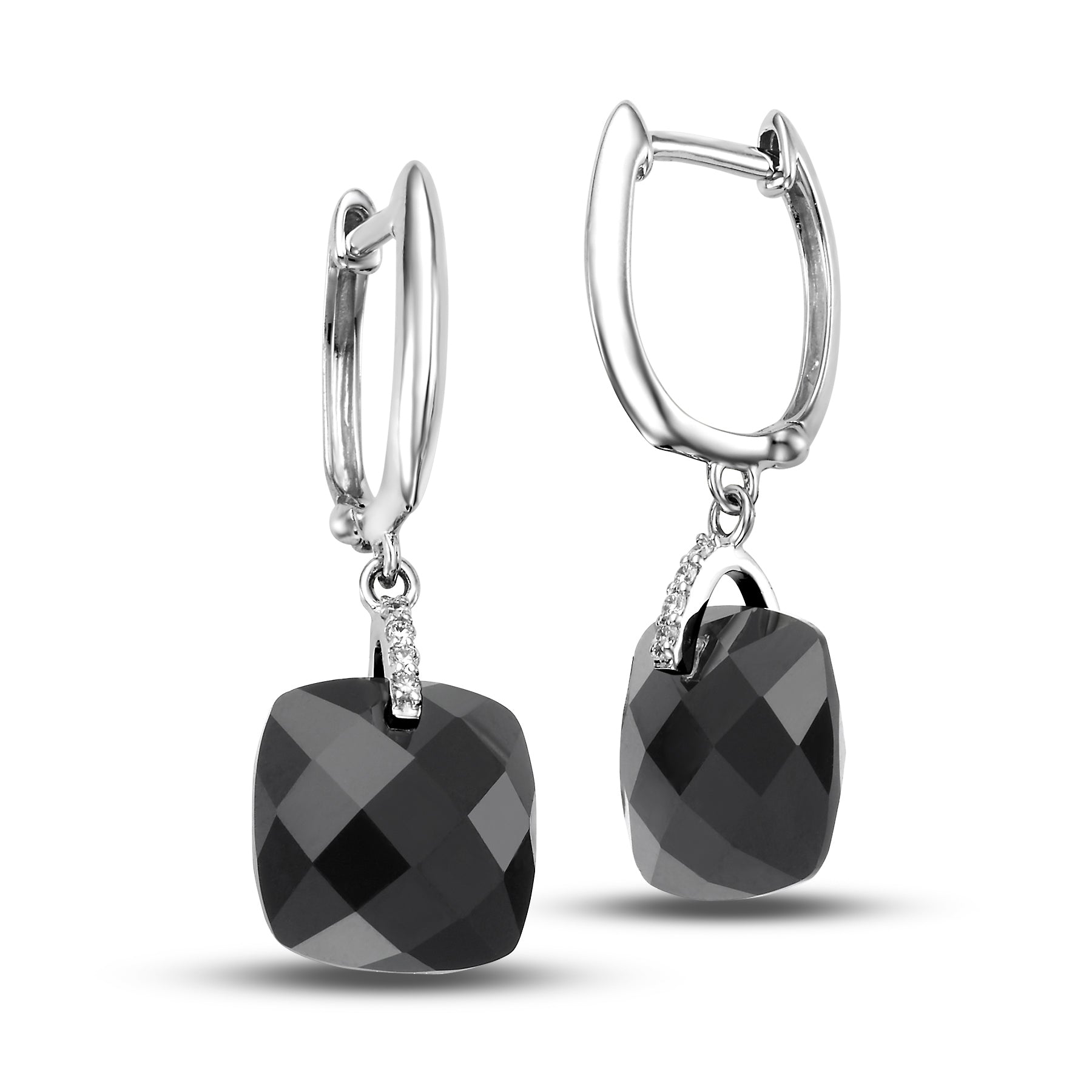 14k White Gold Black Onyx VS Diamond Huggie Hoop Drop Earrings