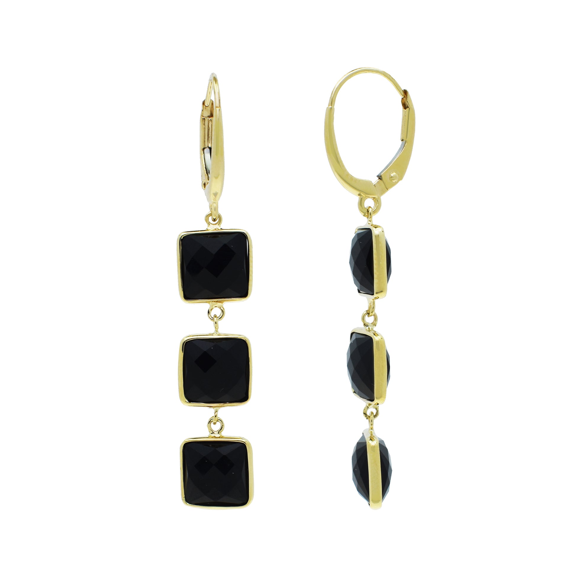 14k Black Onyx Faceted Square 2 or 3 Link Leverback Earring 3 Links