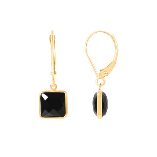 14k Black Onyx Faceted Square Dangle Shield Earrings